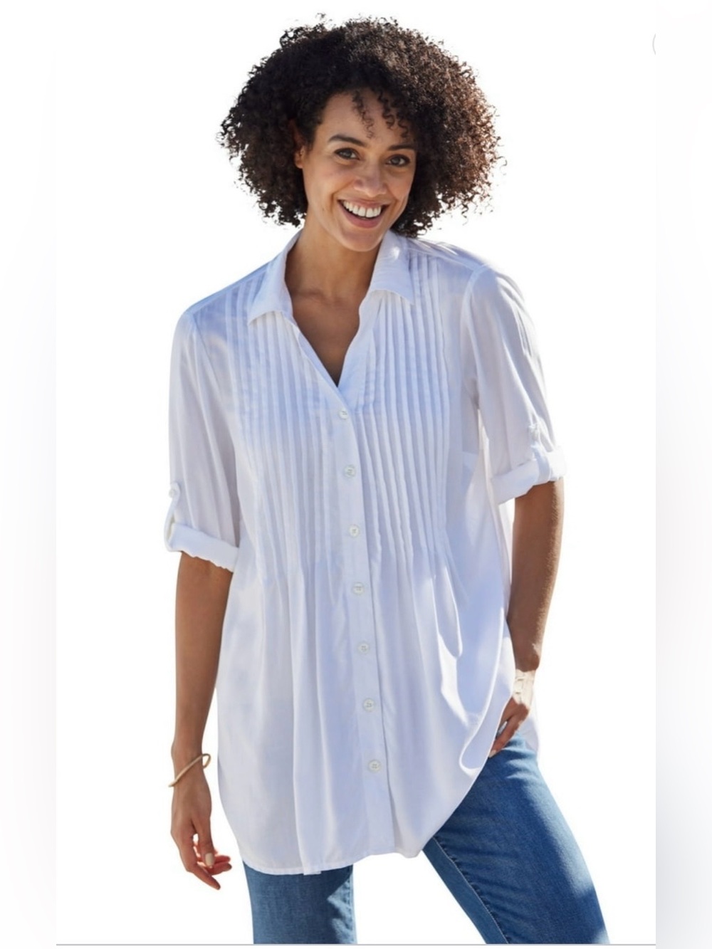 Clubs collection women’s 1X rolled button sleeve blouse, pleated front button